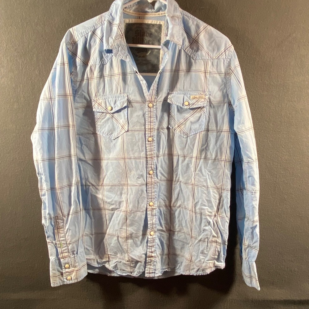 Slade Wilder men pearl snap shirt large Western‎ blue Plaid Cotton rodeo
